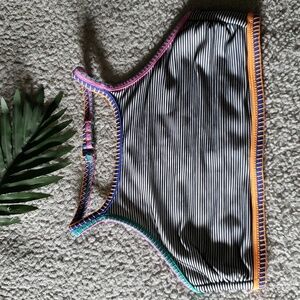 High Neck Ribbed Textured Neon Crochet Trim Bikini Top